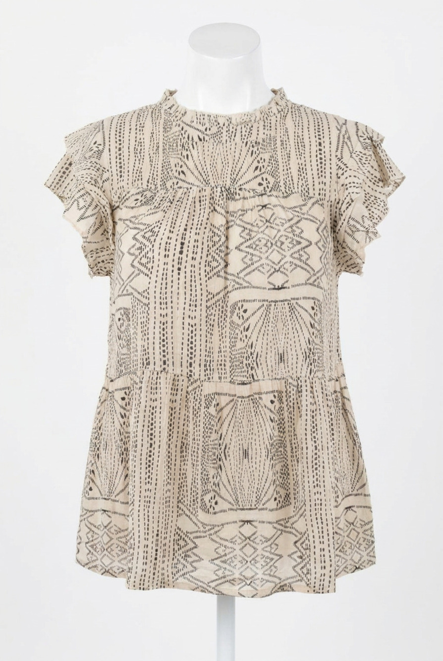 NEW JODIFL abstract ruffle sleeve top in beige
